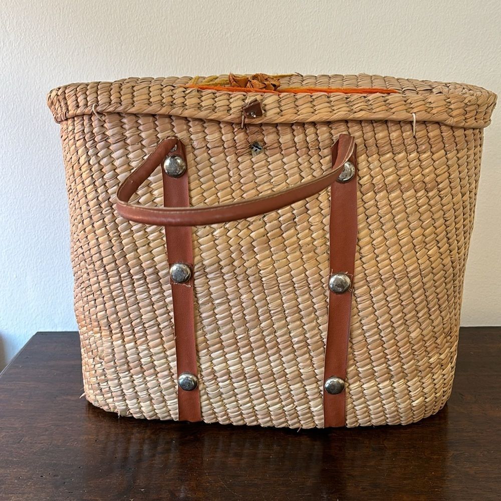 Handcrafted Floral Woven Tote Bag Vintage Orange and tan - Picture 6 of 11
